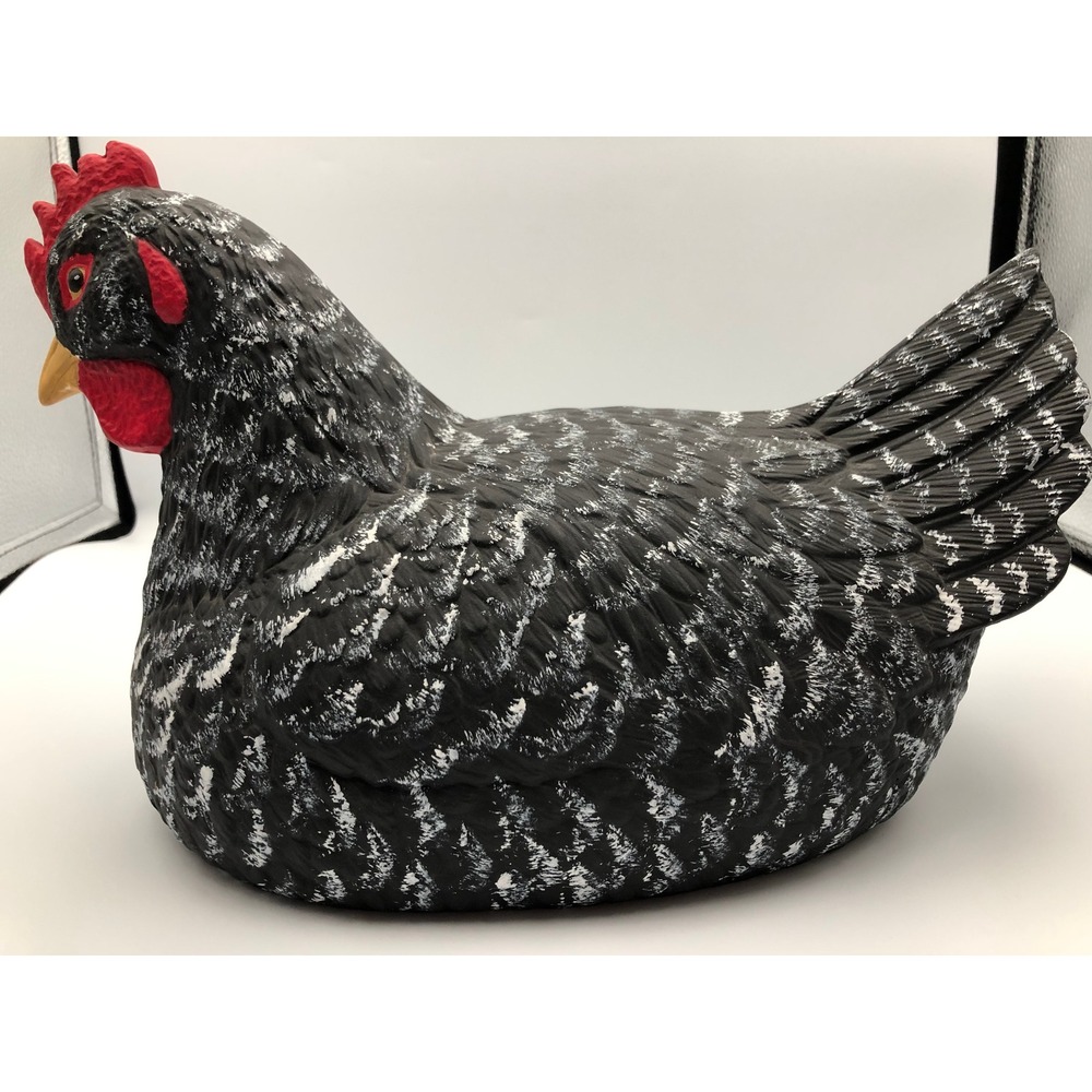 Vintage? Resin Plymouth Barred Rock Hen Figurine Hollow Black White Cottageore